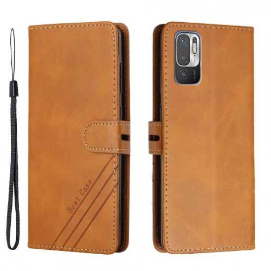 Leather with Wallet & Strap Design Phone Case for Xiaomi Redmi Note 10 5G/Poco M3 Pro 4G/Poco M3 Pro 5G - Brown XIAOMI Cases Mobile