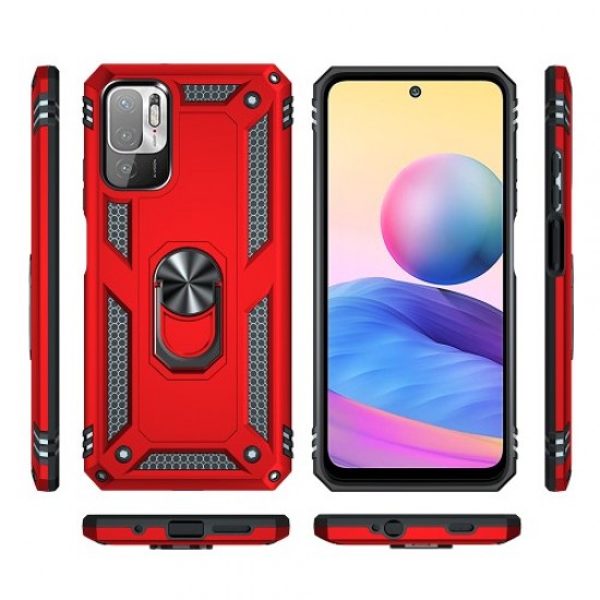 Anti-drop PC + TPU Combo Hybrid Phone Shell with Ring Kickstand for Xiaomi Redmi Note 10 5G - Red XIAOMI Cases Mobile