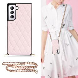 For Samsung Galaxy S21 5G TPU + PU Leather Hybrid Case Rhombus Cover Shell with Chain Lanyard - Pink