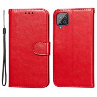 Magnetic Clasp Solid Color Leather Stand Case Wallet Phone Cover with Strap for Samsung Galaxy A22 4G (EU Version) - Red