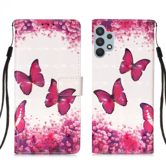 Pattern Printing Design Leather Wallet Phone Stand Case with Lanyard for Samsung Galaxy A32 4G (EU Version) - Rose Butterfly Samsung Cases Mobile