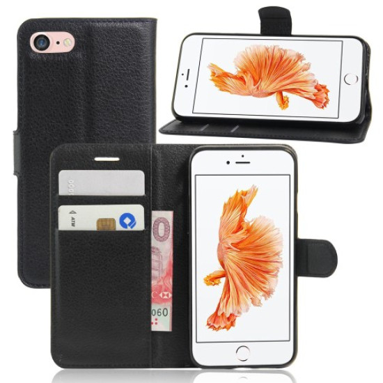 Litchi Grain Leather Wallet Case for iPhone SE (2nd Generation)/8/7 - Black Apple Cases Mobile