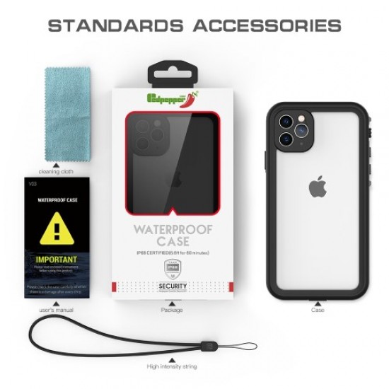 REDPEPPER Dot+ Series IP68 Waterproof Phone Covering [Transparent Back] for iPhone 11 Pro Max 6.5 inch - All Black Apple Cases Mobile
