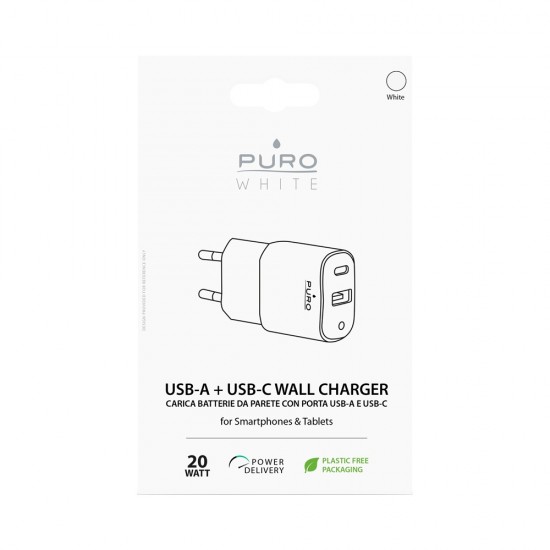 PURO White Mini Fast Travel Charger USB-A USB-C Power Delivery 20W - White Apple Cables Adapters & Chargers
