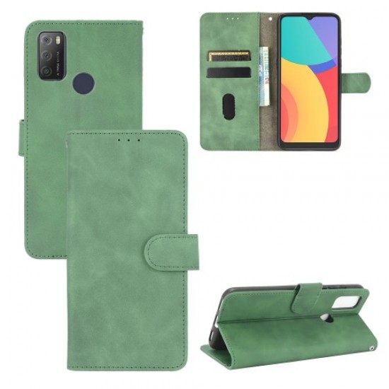Wallet Stand Design Folio Flip Skin-touch Feeling Leather Protective Shell Phone Cover for Alcatel 1S (2021) - Green Alcatel Cases Mobile