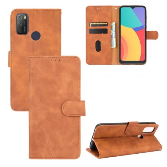Wallet Stand Design Folio Flip Skin-touch Feeling Leather Protective Shell Phone Cover for Alcatel 1S (2021) - Brown Alcatel Cases Mobile