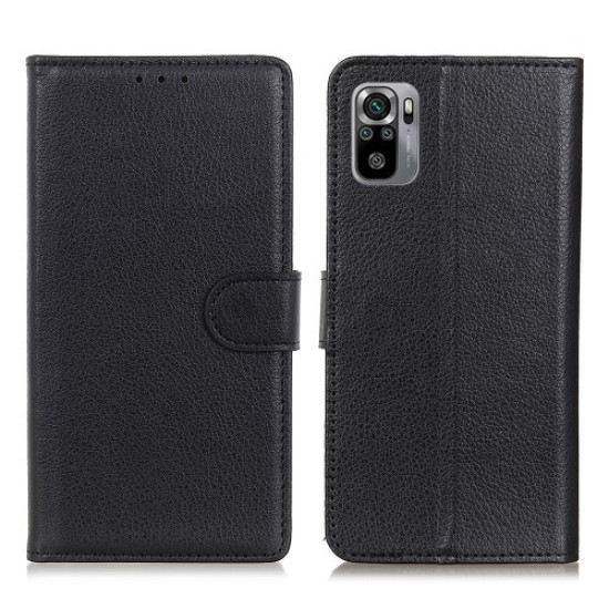 Litchi Skin Folio Flip Leather Case Protective Shell with Wallet Stand Design for Xiaomi Redmi Note 10 4G/Note 10S - Black XIAOMI Cases Mobile