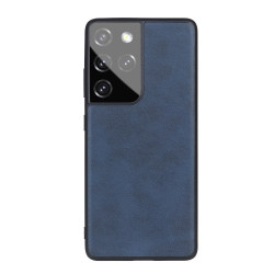 Leather Coated TPU+PC Phone Case for Samsung Galaxy S21 Ultra 5G - Blue
