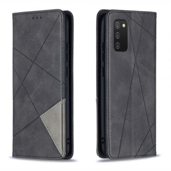 For Samsung Galaxy A02s (164.2x75.9x9.1mm) Splicing Geometric Pattern Leather Stand Case Card Holder Shell - Black Samsung Cases Mobile