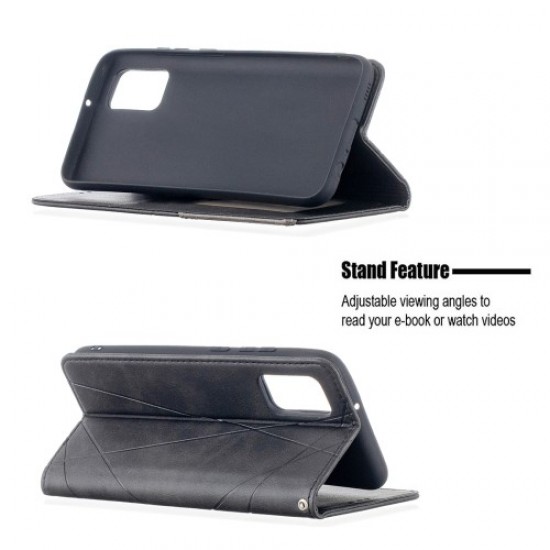 For Samsung Galaxy A02s (164.2x75.9x9.1mm) Splicing Geometric Pattern Leather Stand Case Card Holder Shell - Black Samsung Cases Mobile
