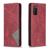For Samsung Galaxy A02s (164.2x75.9x9.1mm) Splicing Geometric Pattern Leather Stand Case Card Holder Shell - Red