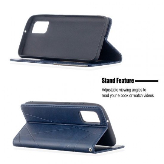 For Samsung Galaxy A02s (164.2x75.9x9.1mm) Splicing Geometric Pattern Leather Stand Case Card Holder Shell - Blue Samsung Cases Mobile