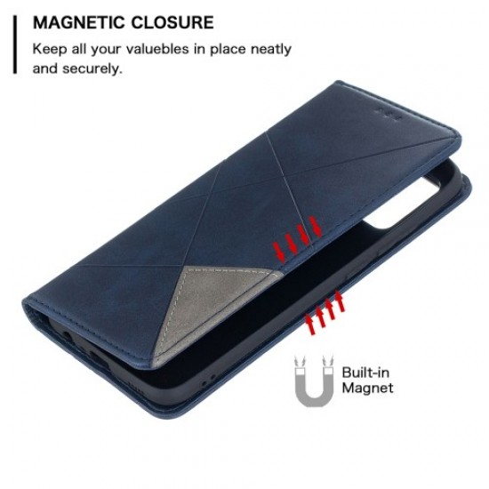 For Samsung Galaxy A02s (164.2x75.9x9.1mm) Splicing Geometric Pattern Leather Stand Case Card Holder Shell - Blue Samsung Cases Mobile