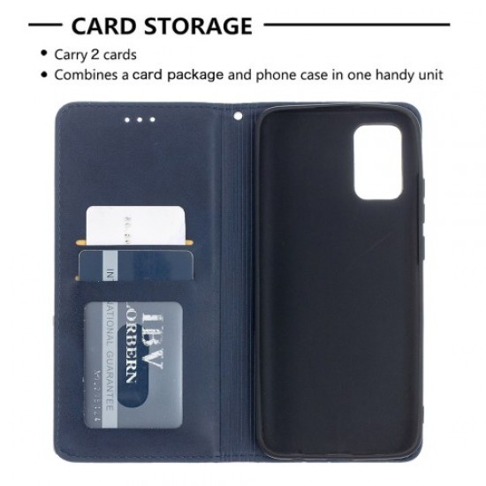For Samsung Galaxy A02s (164.2x75.9x9.1mm) Splicing Geometric Pattern Leather Stand Case Card Holder Shell - Blue Samsung Cases Mobile
