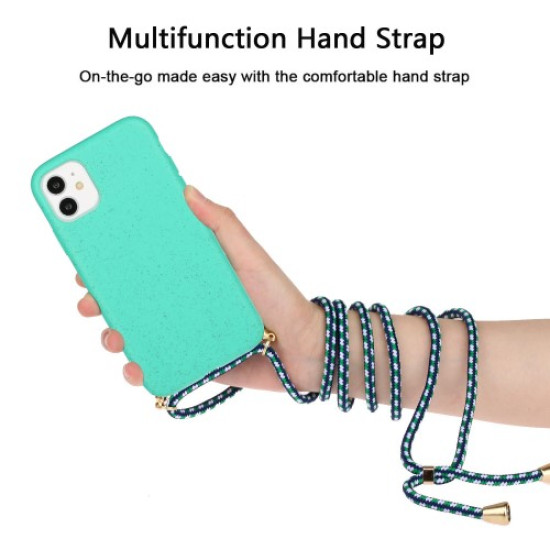 Eco-Friendly Natural Wheat Straw Soft TPU Case Phone Shell with Multi-function Strap for iPhone 11 6.1 inch - Blue Apple Cases Mobile
