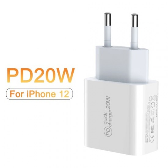 PD 20W Fast Charging USB C Charger Block EU Plug Power Adapter for iPhone 12 Mini Pro Max Apple Cables Adapters & Chargers