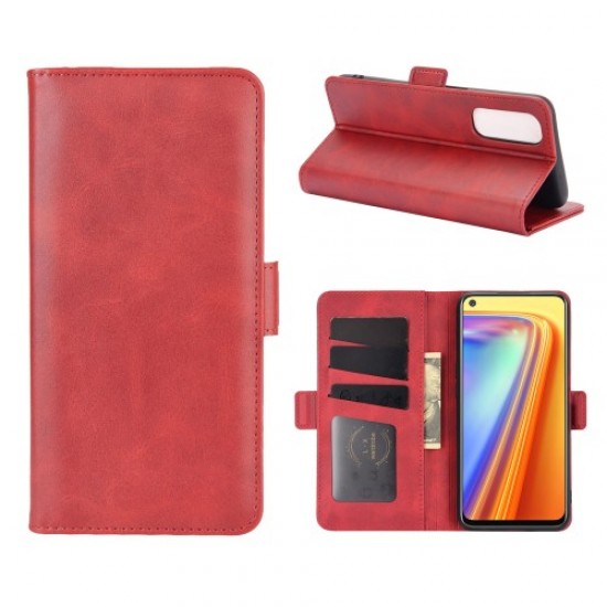 Double Clasp Flip Stand Leather Cover for Realme 7 (Global) / Realme 7 (Asia) - Red Oppo Realme Cases Mobile