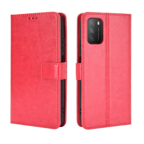 Crazy Horse Wallet Stand Leather Shell with Strap for Xiaomi Poco M3 - Red XIAOMI Cases Mobile