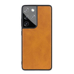 Leather Coated TPU+PC Phone Case for Samsung Galaxy S21 Ultra - Brown