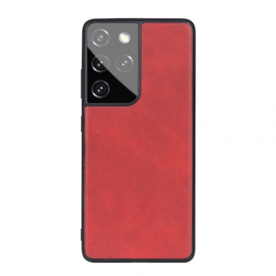 Leather Coated TPU+PC Phone Case for Samsung Galaxy S21 Ultra - Red Samsung Cases Mobile