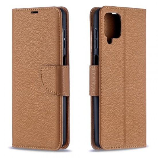 Litchi Skin Wallet Pure Color Phone Case for Samsung Galaxy A12 - Brown Samsung Cases Mobile