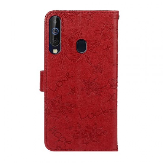 Bee Pattern Rhinestone Decor Leather Wallet Phone Casing Cover for Samsung Galaxy A20s - Red Samsung Cases Mobile