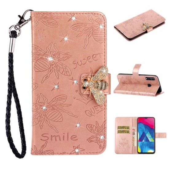 Bee Pattern Rhinestone Decor Leather Wallet Phone Casing Cover for Samsung Galaxy A20s - Rose Gold Samsung Cases Mobile