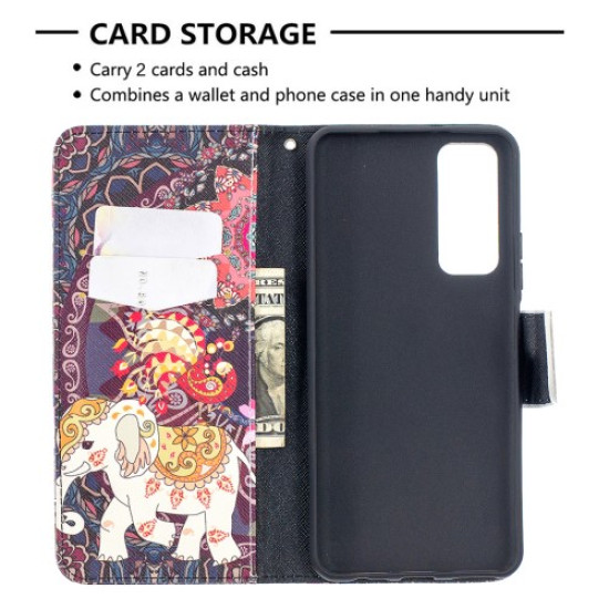 Pattern Printing Wallet Stand Flip Leather Phone Protective Shell for Huawei P smart 2021/Y7a - Elephant and Flower Huawei Cases Mobile