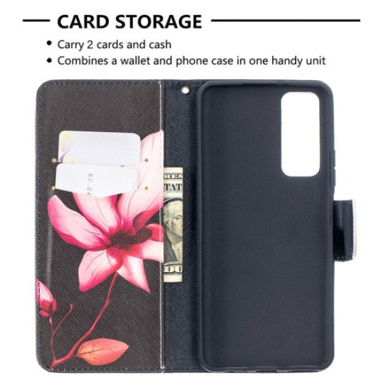 Δερμάτινη Θήκη Πορτοφόλι με Βάση Στήριξης για Huawei P Smart 2021 / Y7a - Ροζ Λουλούδι σε Μαύρο Φόντο Huawei Θήκες Κινητών