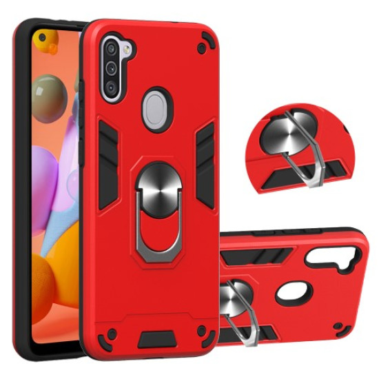2 in 1 Armor Case PC+TPU Hybrid Shell with Ring Kickstand for Samsung Galaxy A11 (EU Version)/M11 - Red Samsung Cases Mobile