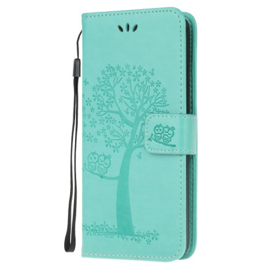 Tree Owl Imprinting Leather Stylish Wallet Case for Xiaomi Poco M3 - Cyan XIAOMI Cases Mobile