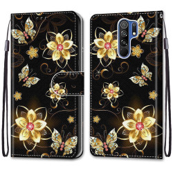 Δερμάτινη Θήκη Πορτοφόλι με Βάση Στήριξης για Xiaomi Redmi 9 - Αστραφτερά Άνθη σε Σκούρο Φόντο