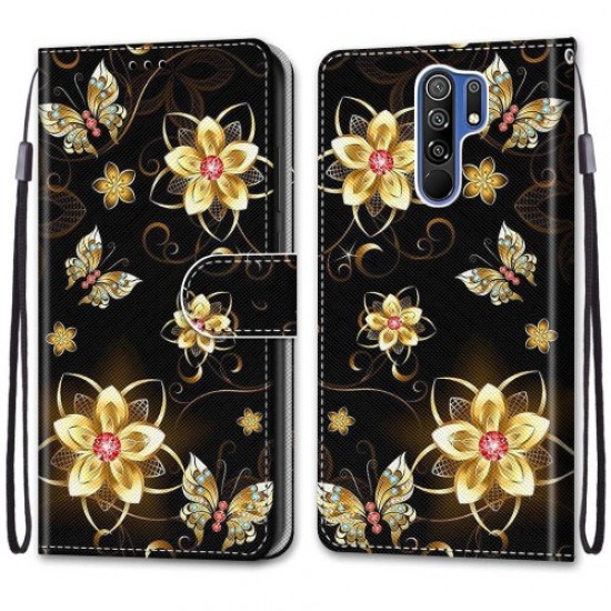 Cross Texture Printing Leather Cover with Strap for Xiaomi Redmi 9 - Gold Flowers XIAOMI Cases Mobile