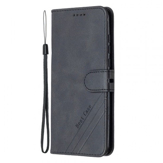Phone Case Wallet Leather Stand Cover with Lanyard for Huawei Y8p/P Smart S - Black Huawei Cases Mobile