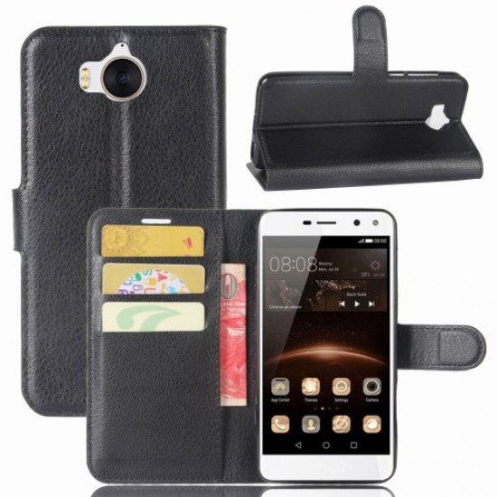 For Huawei Y5 (2017) / Y6 (2017) Litchi Texture PU Leather Card Slots Stand Phone Casing - Black Huawei Cases Mobile