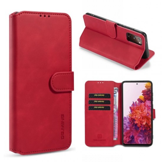 DG,MING Retro Style Leather Wallet Stand Phone Cover for Galaxy S20 FE/Fan Edition/S20 FE 5G/Fan Edition 5G -Red Samsung Cases Mobile