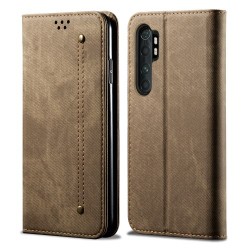 Jeans Cloth Leather Phone Casing with Wallet Stand for Xiaomi Mi Note 10 Lite - Khaki