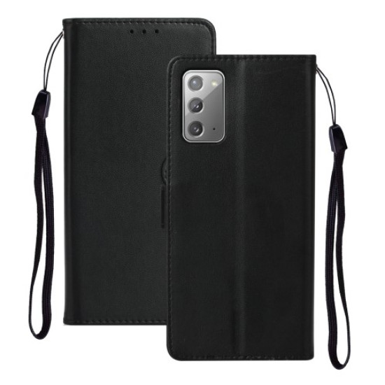 Pure Color Leather Phone Case with Strap for Samsung Galaxy Note 20/Note 20 5G - Black Samsung Cases Mobile