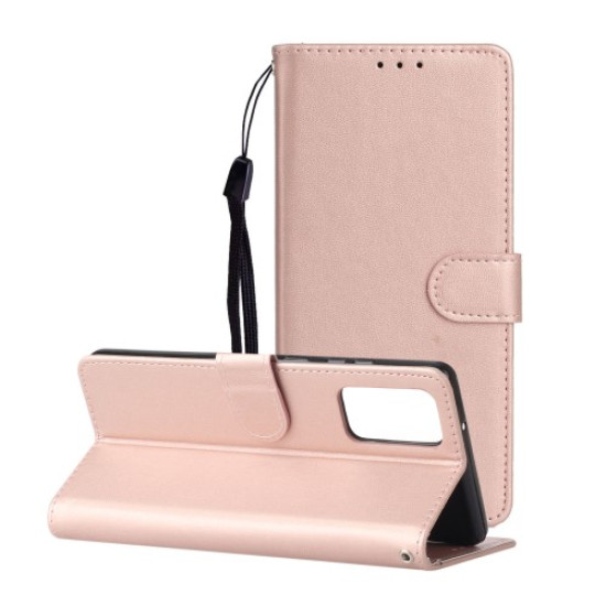 Pure Color Leather Phone Case with Strap for Samsung Galaxy Note 20/Note 20 5G - Rose Gold Samsung Cases Mobile