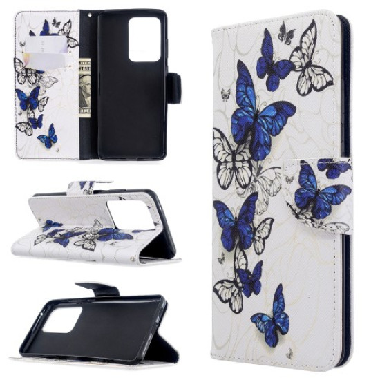 Pattern Printing Wallet Stand Flip Leather Case for Samsung Galaxy S20 Ultra - Blue Butterflies Samsung Cases Mobile