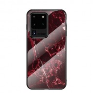 Marble Pattern Tempered Glass Case PC + TPU Hybrid Cover for Samsung Galaxy S20 Ultra - Red