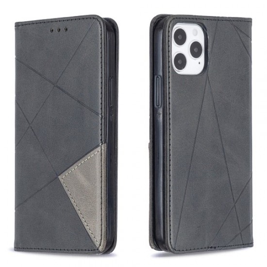 Geometric Pattern Leather Stand Case with Card Slots for iPhone 12 Pro/12 - Black Apple Cases Mobile