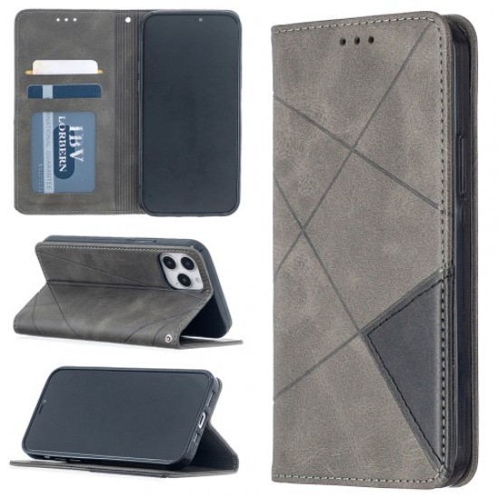 Geometric Pattern Leather Stand Case with Card Slots for iPhone 12 Pro/12 - Grey Apple Cases Mobile