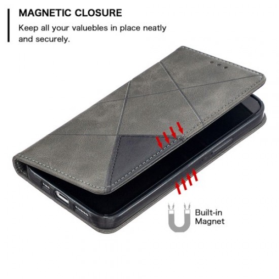 Geometric Pattern Leather Stand Case with Card Slots for iPhone 12 Pro/12 - Grey Apple Cases Mobile
