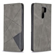 Μαγνητική Δερμάτινη Θήκη Πορτοφόλι με Βάση Στήριξης (Όψη Γεωμετρικών Σχεδίων) για Xiaomi Redmi 9 - Γκρι