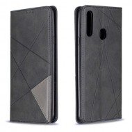 Geometric Pattern Leather Card Holder Phone Case with Stand Shell for Samsung Galaxy A20s - Black