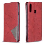 Geometric Pattern Leather Card Holder Phone Case with Stand Shell for Samsung Galaxy A20s - Red