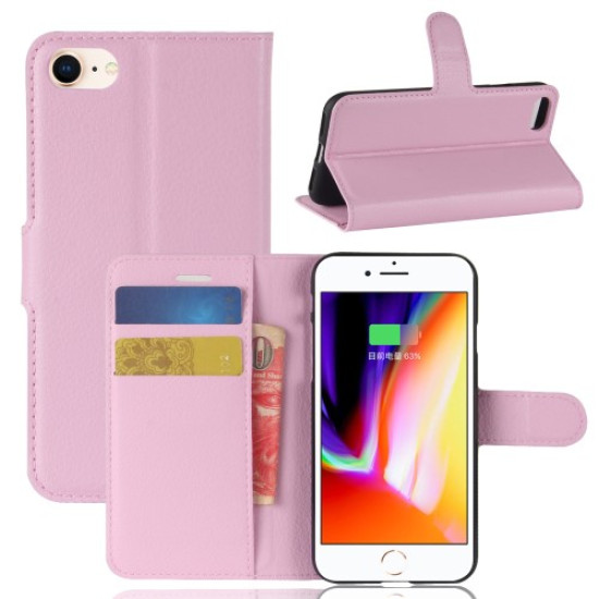For iPhone SE (2nd generation)/8/7 4.7 inch Litchi Skin Wallet PU Leather Magnetic Protective Case - Pink Apple Cases Mobile