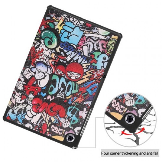 Pattern Printing Tri-fold Leather Stand Case for Lenovo Tab M10 Plus TB-X606F - Cartoon Graffiti Lenovo Cases Mobile Tablet