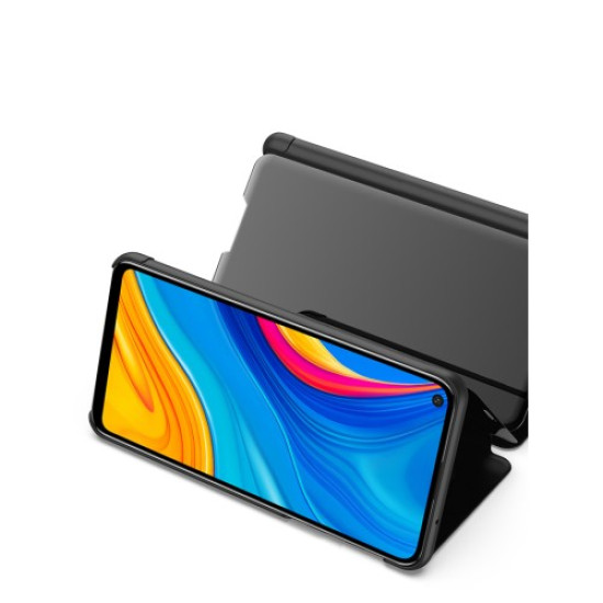 View Window Plated Mirror Surface Leather Stand Shell Case for Huawei P40 lite E / Y7p - Black Huawei Cases Mobile